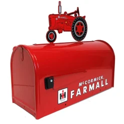 IH McCormick Farmall Red Steel Mailbox with Farmall M Tractor Topper