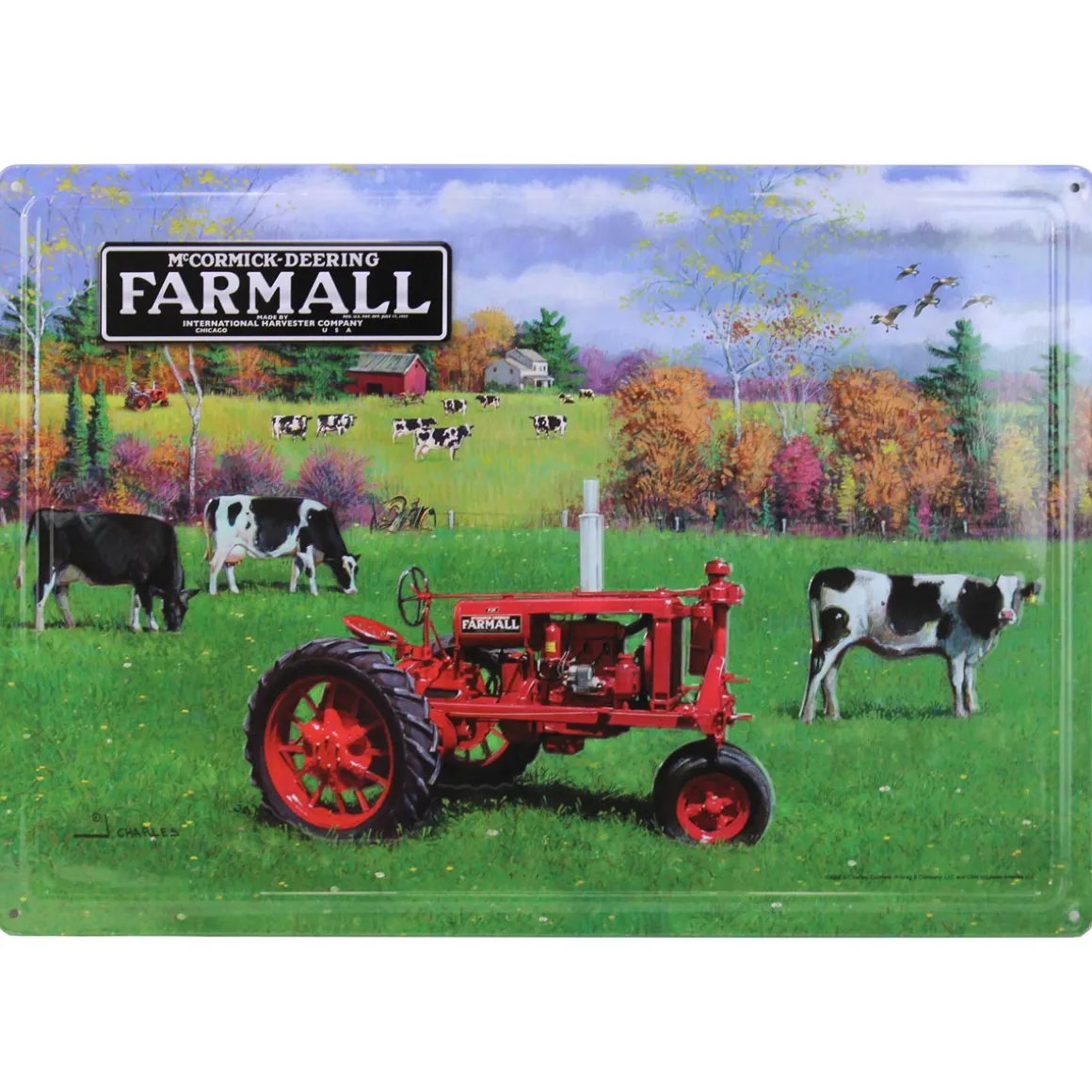 IH McCormick-Deering Farmall Tractor with Cows Embossed Metal Sign, 16.75in x 12in