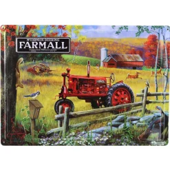 IH McCormick-Deering Farmall F Series Tractor in Fall Farm Scene Embossed Metal Sign, 16.75in x 12in
