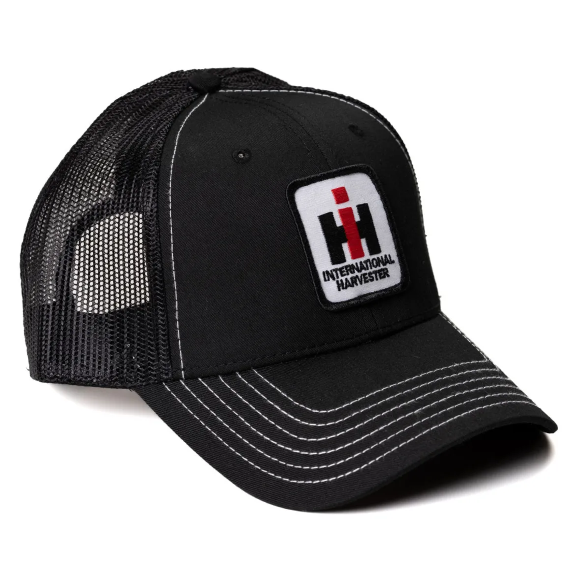International Harvester Logo Black Mesh Back Hat with White Stitching