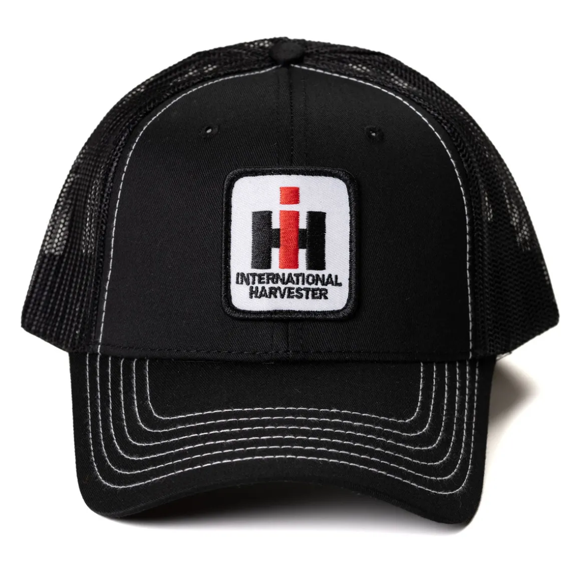 International Harvester Logo Black Mesh Back Hat with White Stitching