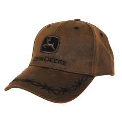 John Deere Brown Leather Look Cap with Barbed Wire Bordered Bill