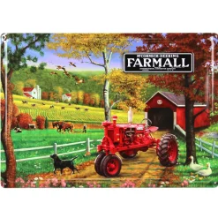 McCormick-Deering Farmall Tractor Covered Bridge Scene Tin Sign, 17in x 12in