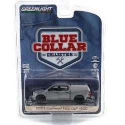 Raw Chase Unit ~ 1/64 2023 Chevrolet Silverado 1500 Custom with Camper Shell, Sterling Gray, Blue Collar Series 13