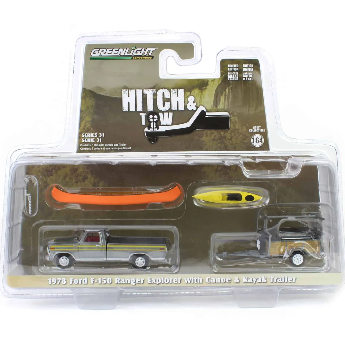 Raw Chase Unit ~ 1/64 1978 Ford F-150 Ranger Explorer with Canoe Trailer & Canoe Rack, Hitch & Tow Series 31