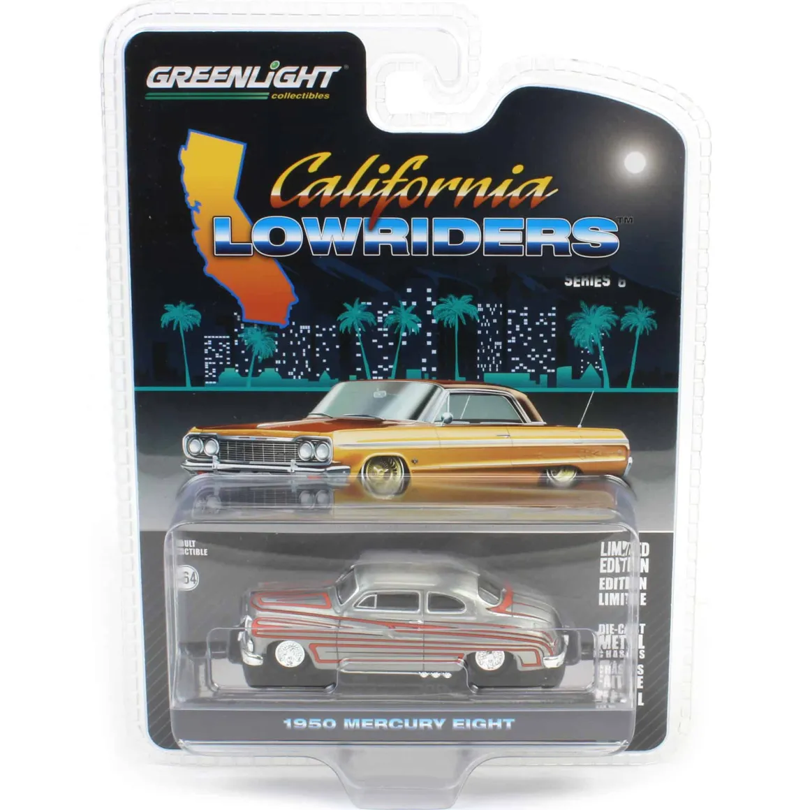 Raw Pinstriped Chase ~ 1/64 1950 Mercury Eight Coupe, Matte White with Metallic Orange Scallops, California Lowriders Series 6