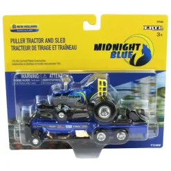 Set of 2 ~ 1/64 New Holland "Blue Blazes" & "Midnight Blue" Pulling Tractors with Sleds