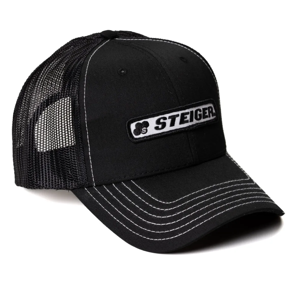 Steiger Stitched Logo Black with White Stitching Mesh Back Hat