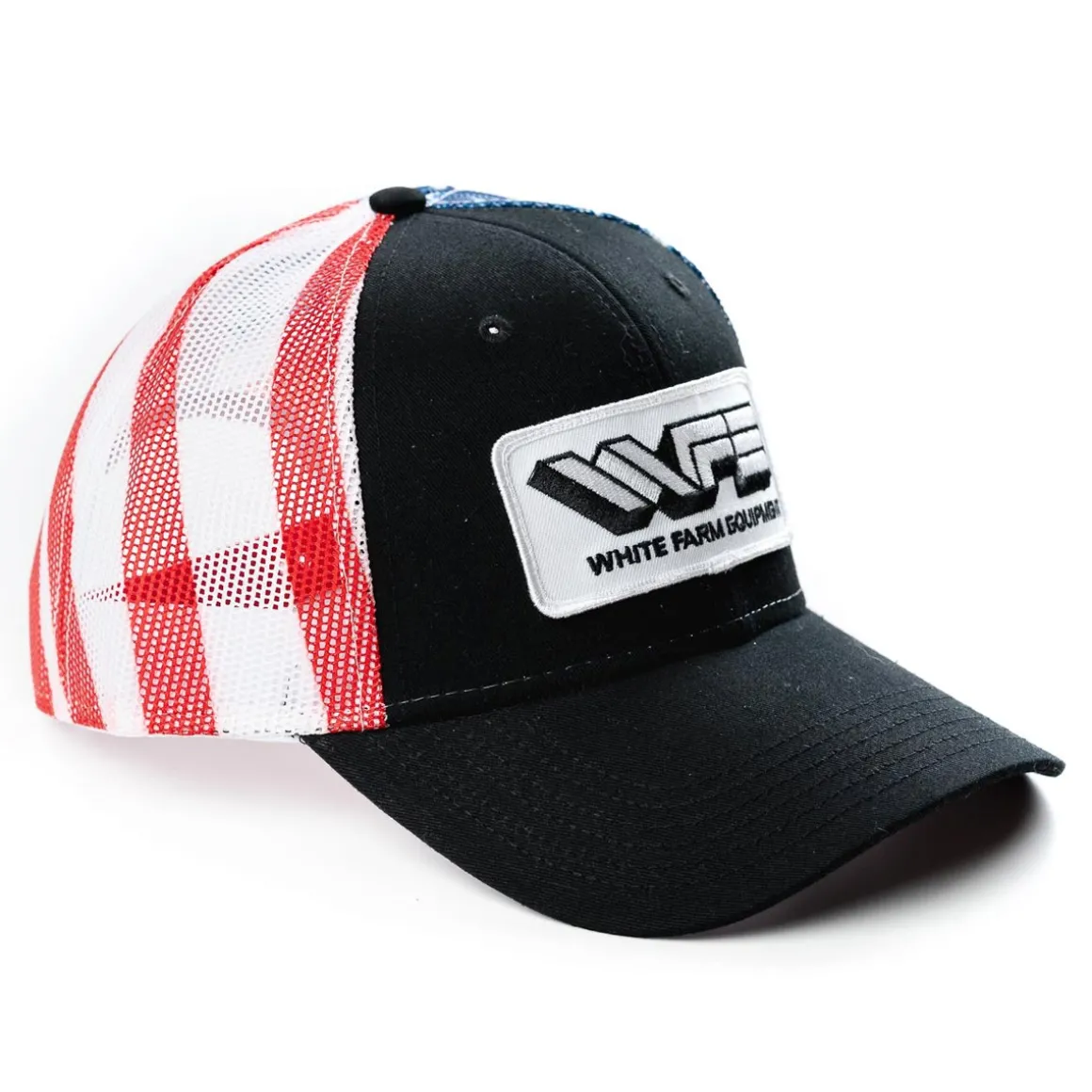 White Farm Equipment Logo Hat with Flag Mesh