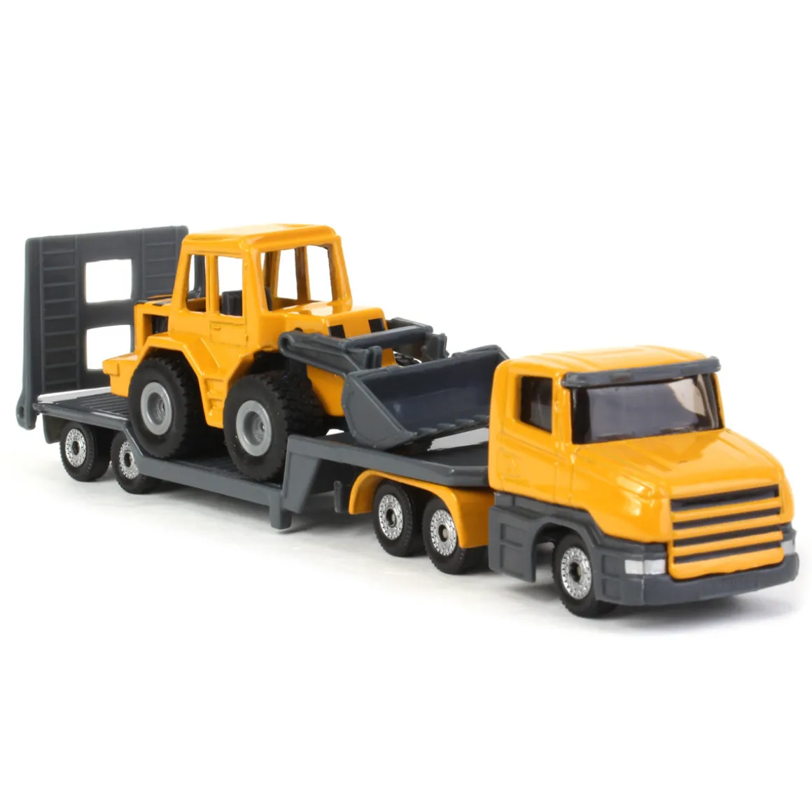 Yellow Semi Truck with Low Loader Trailer and Yellow Loader by SIKU